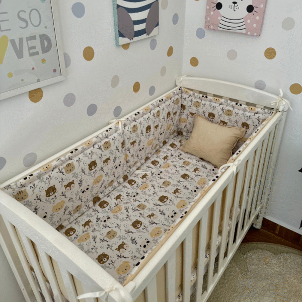 Pack Tour de Lit, Oreiller et Matelas – Animaux Marron de la Forêt pour Lit 60×120 cm