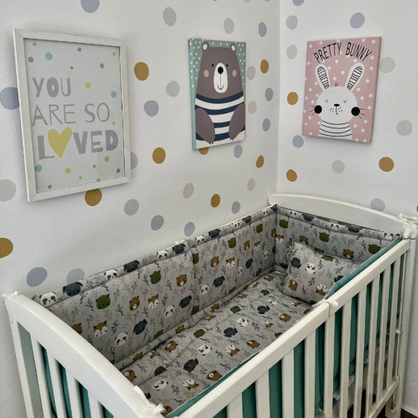 Pack Tour de Lit, Oreiller et Matelas – Animaux de la Forêt sur fond gris-beige pour Lit 60×120 cm