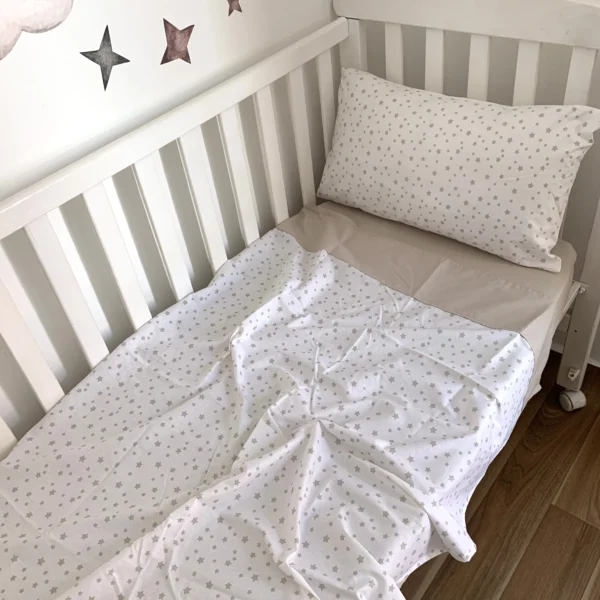 Parure de lit 60/120 3 pcs : drap housse, oreiller, taie d’oreiller et Drap plat beige