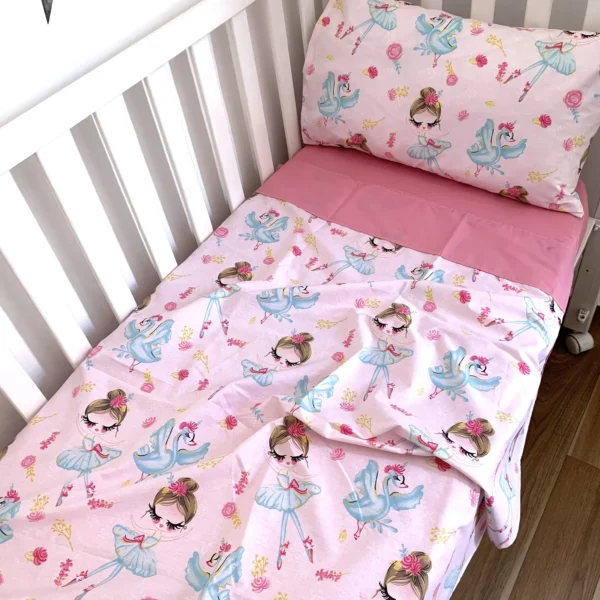 Parure de lit 60/120 3 pcs : drap housse, oreiller, taie d’oreiller et Drap plat rose