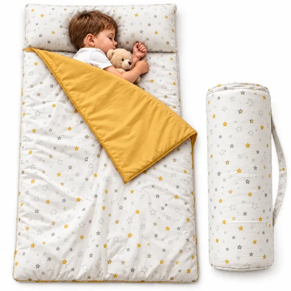 Tapis de Sieste 70×140 cm – 100% Coton avec Oreiller et Couverture Étoiles Dorées