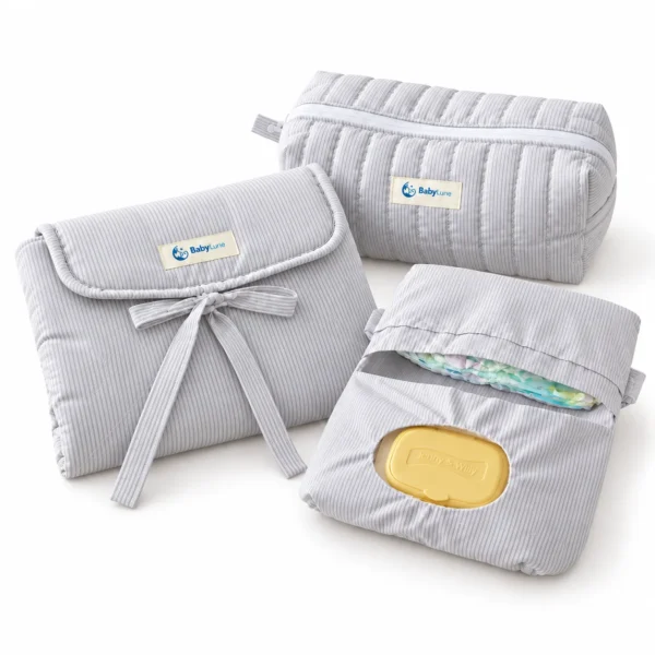 Kit de Change 3 Pièces gris – Tapis Imperméable, Trousse et Pochette Couches & Lingettes
